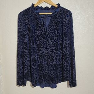 Unbranded Velvet Burnout Ribbon Keyhole Neck Peasant Blouse sz L/XL Navy